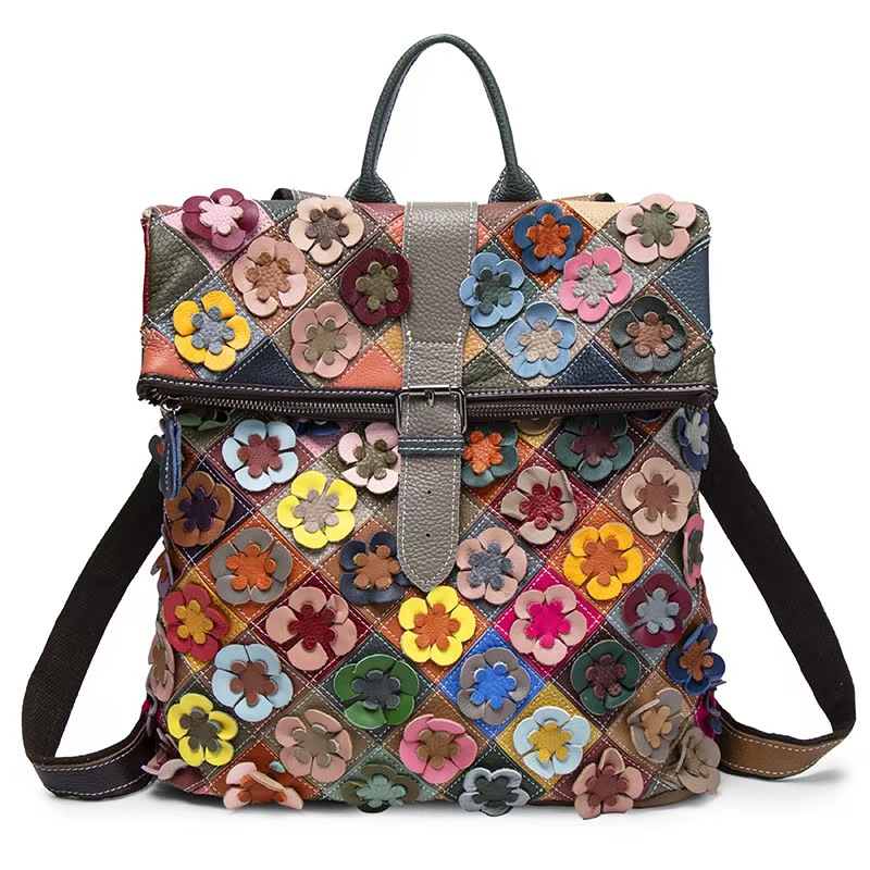 Vintage Zipper - Vintage Women Genuine Leather Backpack Flower