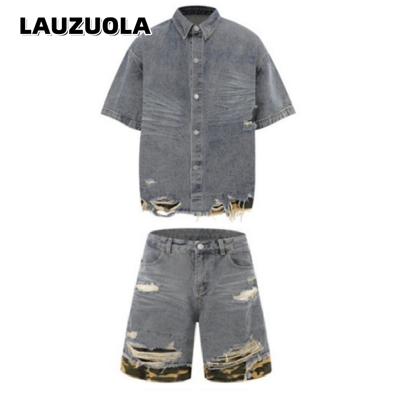 Vintage Zipper - Men's Distressed Ripped Denim Short Sleeve